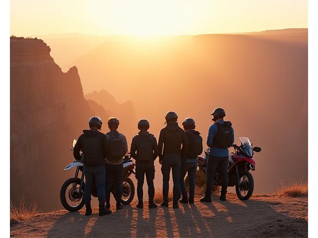 Group of adventure riders overlooking a canyon
