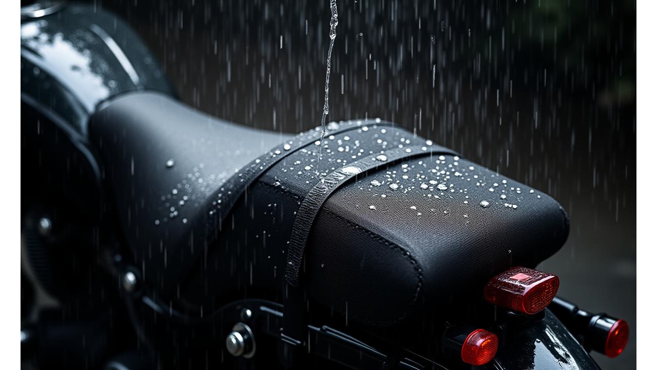Close-up of a biker bag being sprayed with water, showing water beading and repelling off its surface.