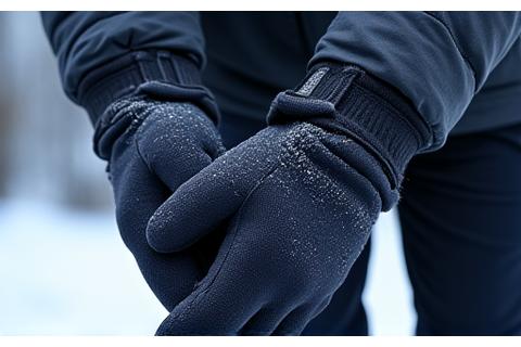 Heavily insulated winter motorcycle gloves with a frost background.