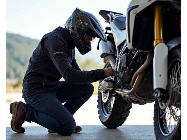 Rider in full gear checking their motorcycle before a ride, demonstrating preparation.