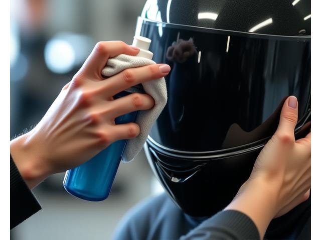Person cleaning a motorcycle helmet visor with a microfiber cloth