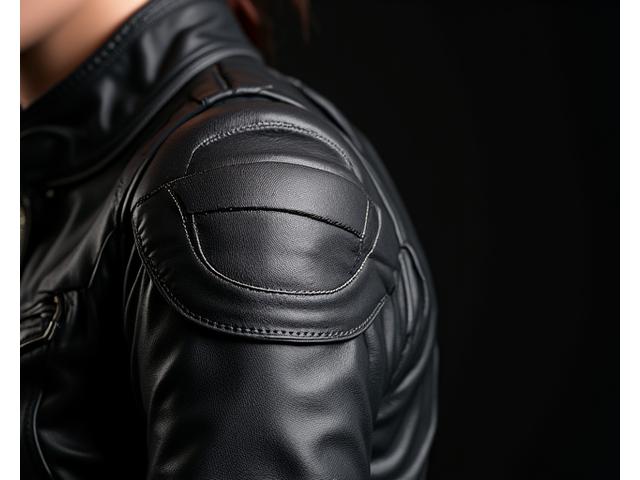 Close-up of a high-quality women's motorcycle jacket with armored detailing and stylish accents
